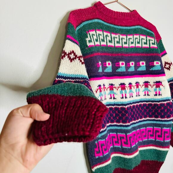 Vintage 1980s Unbranded Unisex Geometric People Purple Pink Crewneck Sweater - Picture 5 of 7